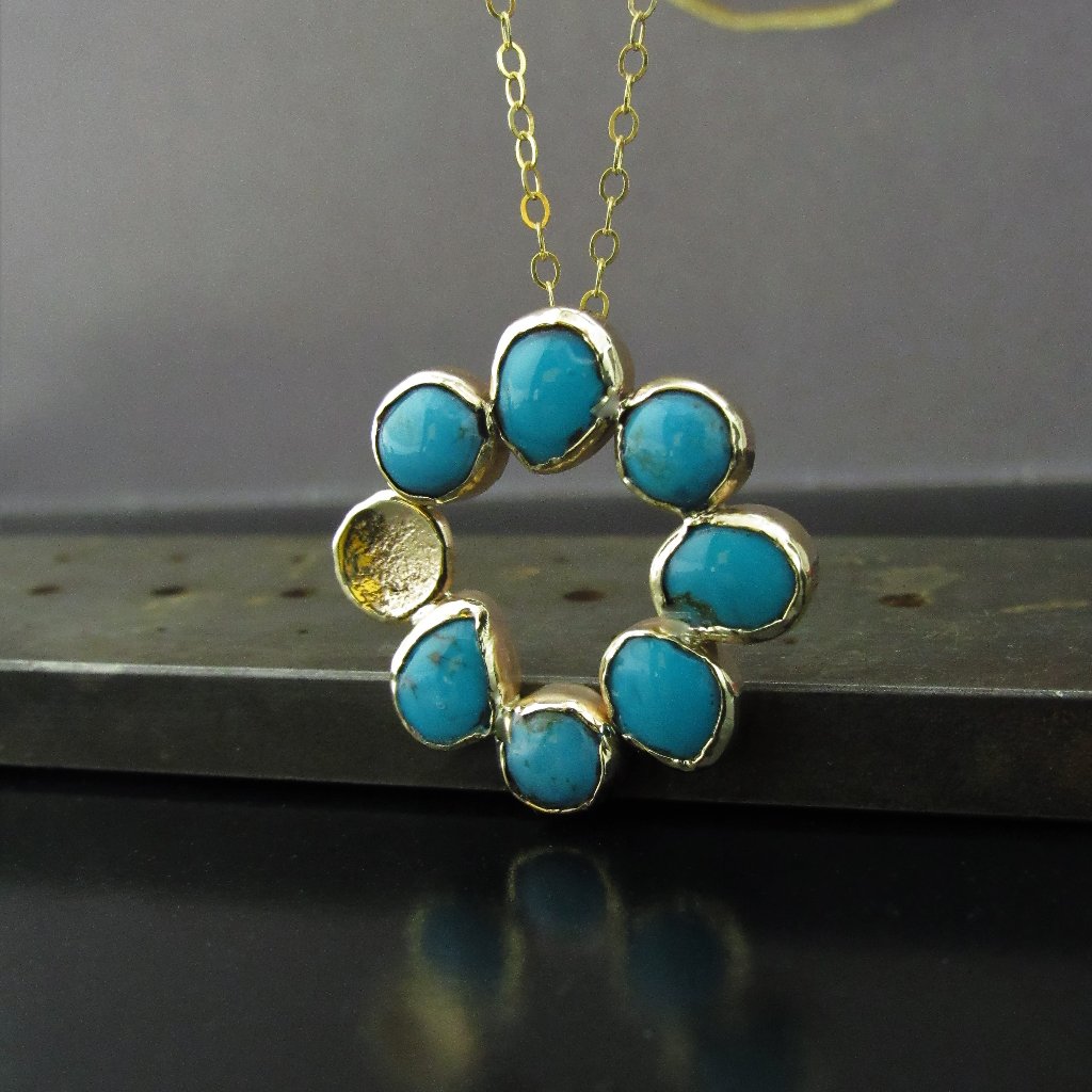 14k Yellow Gold Pendant Set With Turquoise. Unique Handmade Pendant.